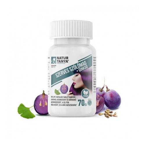 Natur Tanya® Szerves Szőlőmag és Ginkgo biloba. 95% OPC, 24% flavon glikozid és 6% terpén laktonra standardizált tabletta