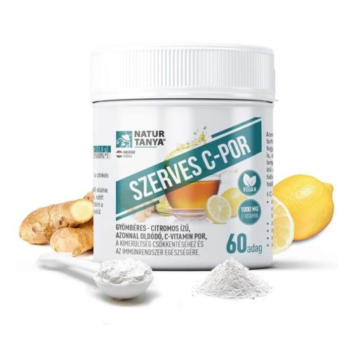 Natur Tanya® Szerves C-por – azonnal oldódó, gyömbéres - citromos ízű C-vitamin por, 60 adag-KEDVEZMÉNYES ÁR-csomagoláson feltüntetett min.megőrzési idő:2026.04.30